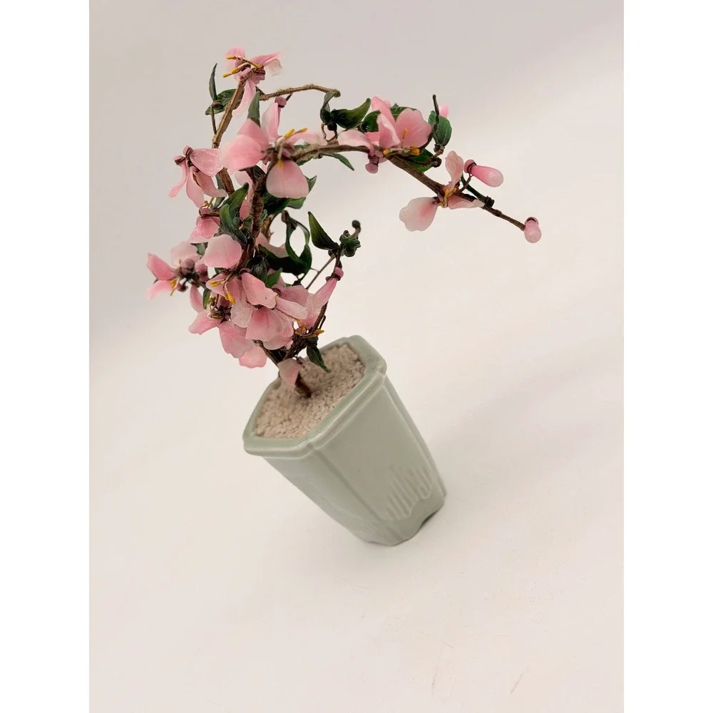 Vintage Glass Cherry Blossom Bonsai Tree Celadon Ceramic Pot Pink Green Asian